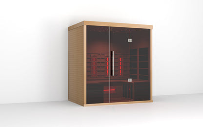 Lumin Three infrared sauna, three quarter view from the right, cabin fully lit