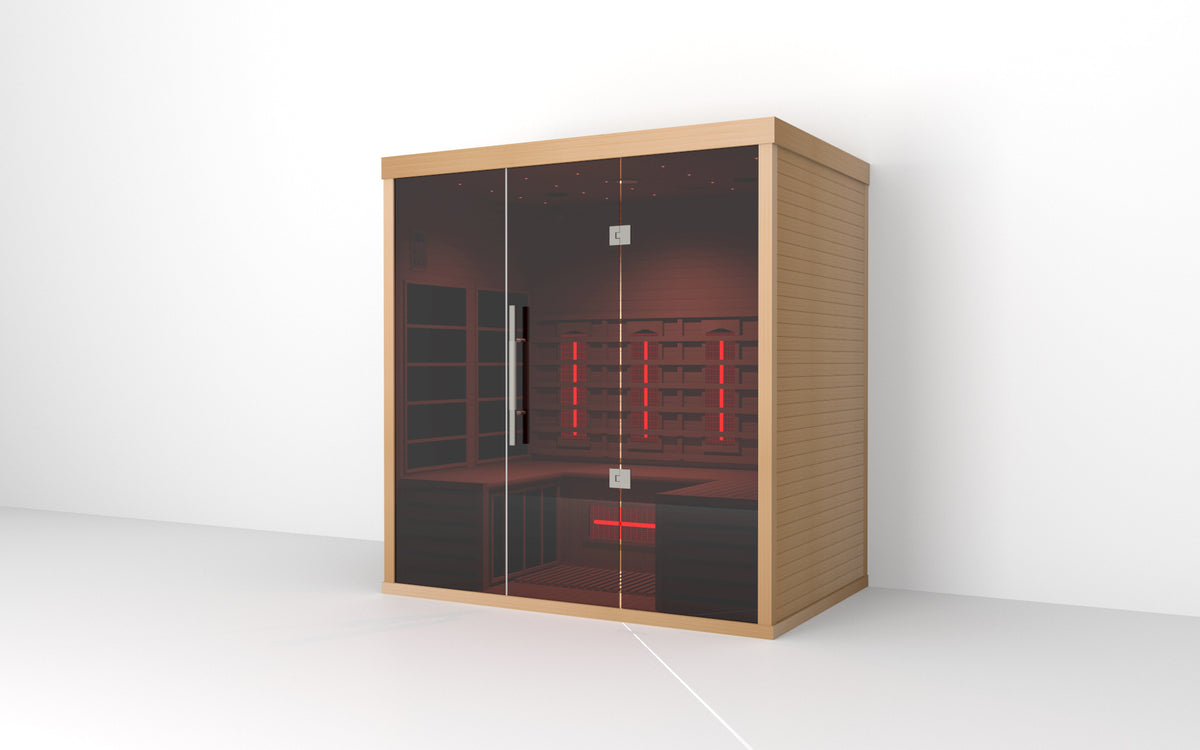 Lumin Three infrared sauna, three quarter view from the left
