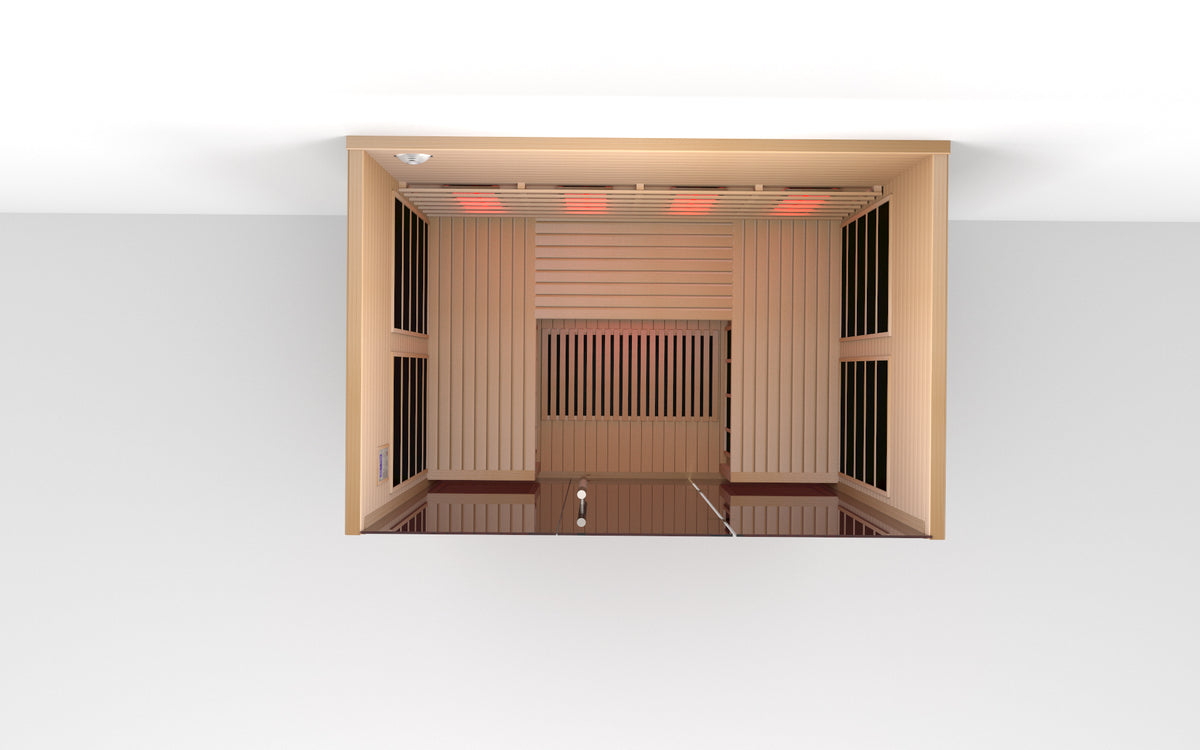 Lumin Three infrared sauna, top down view into the three person cabin