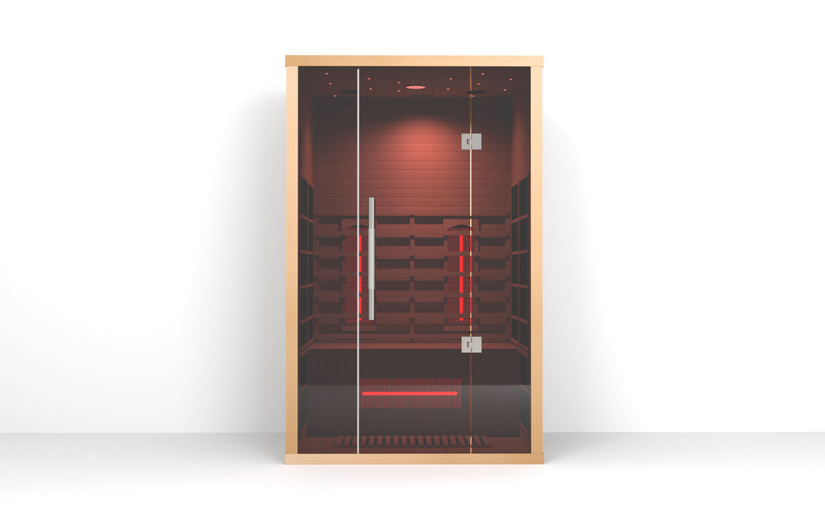 Lumin Two infrared sauna, front elevation of the complete cabin