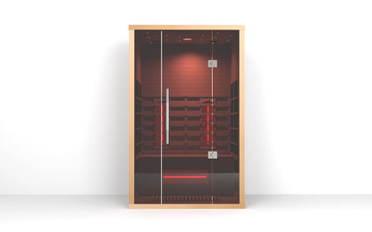 Lumin Two infrared sauna, front elevation of the complete cabin