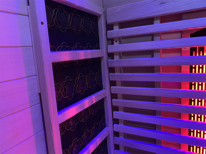 Lumin Two infrared sauna, interior detail with the colour lighting on