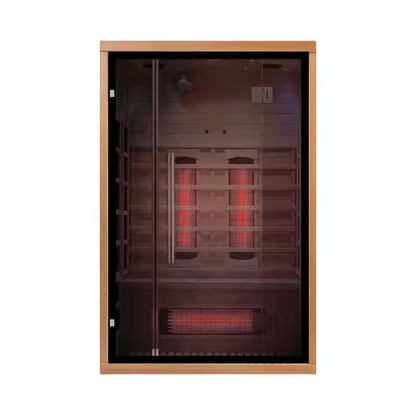 Lumin Two infrared sauna, front view with the infrared panels lit
