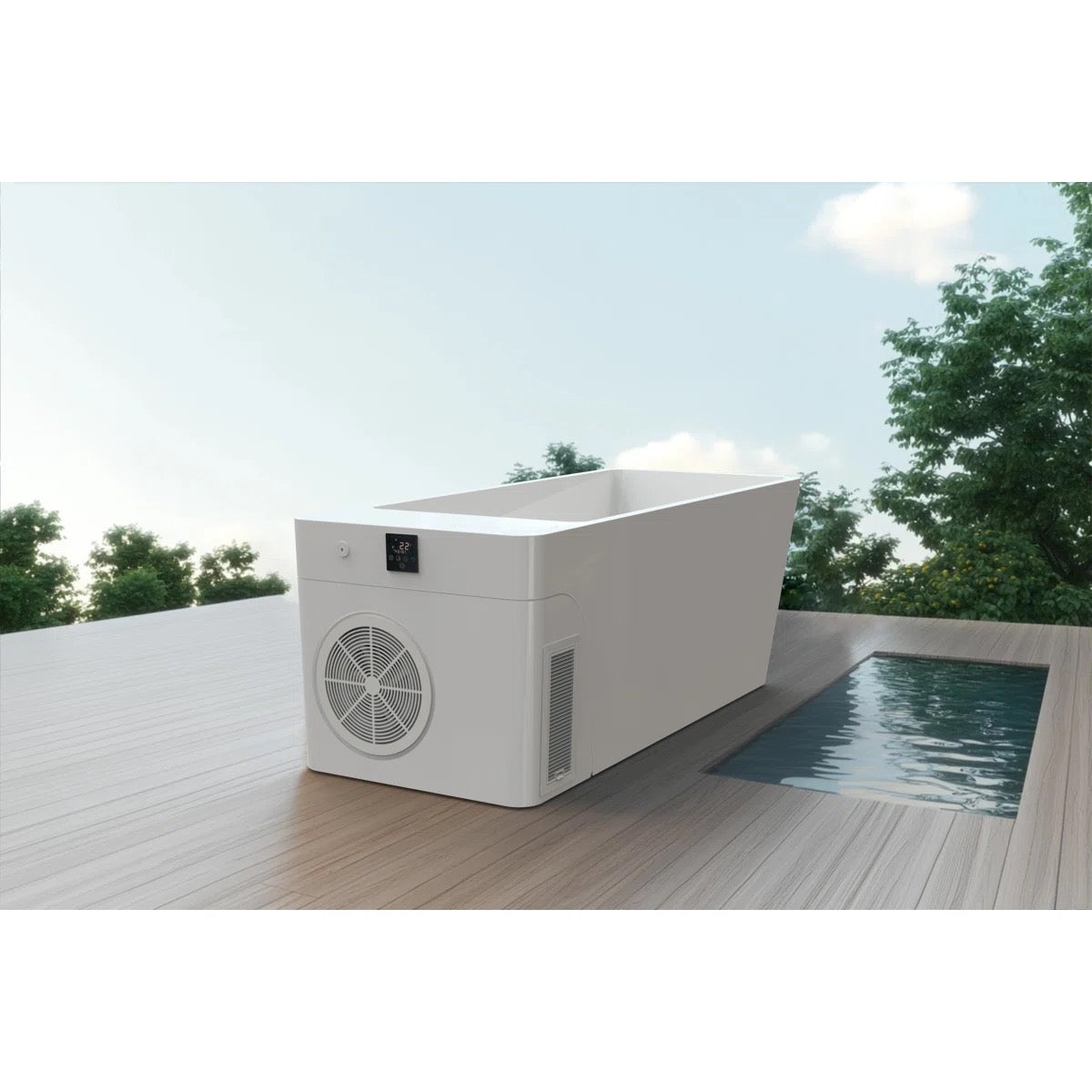 Orivon Frost cold plunge sited on a deck beside a pool