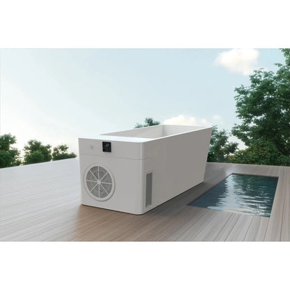 Orivon Frost cold plunge sited on a deck beside a pool