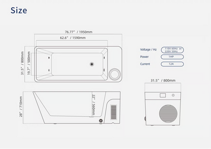 Orivon Frost cold plunge dimensioned drawing, 1950mm overall by 1590mm interior, 1HP and 12A